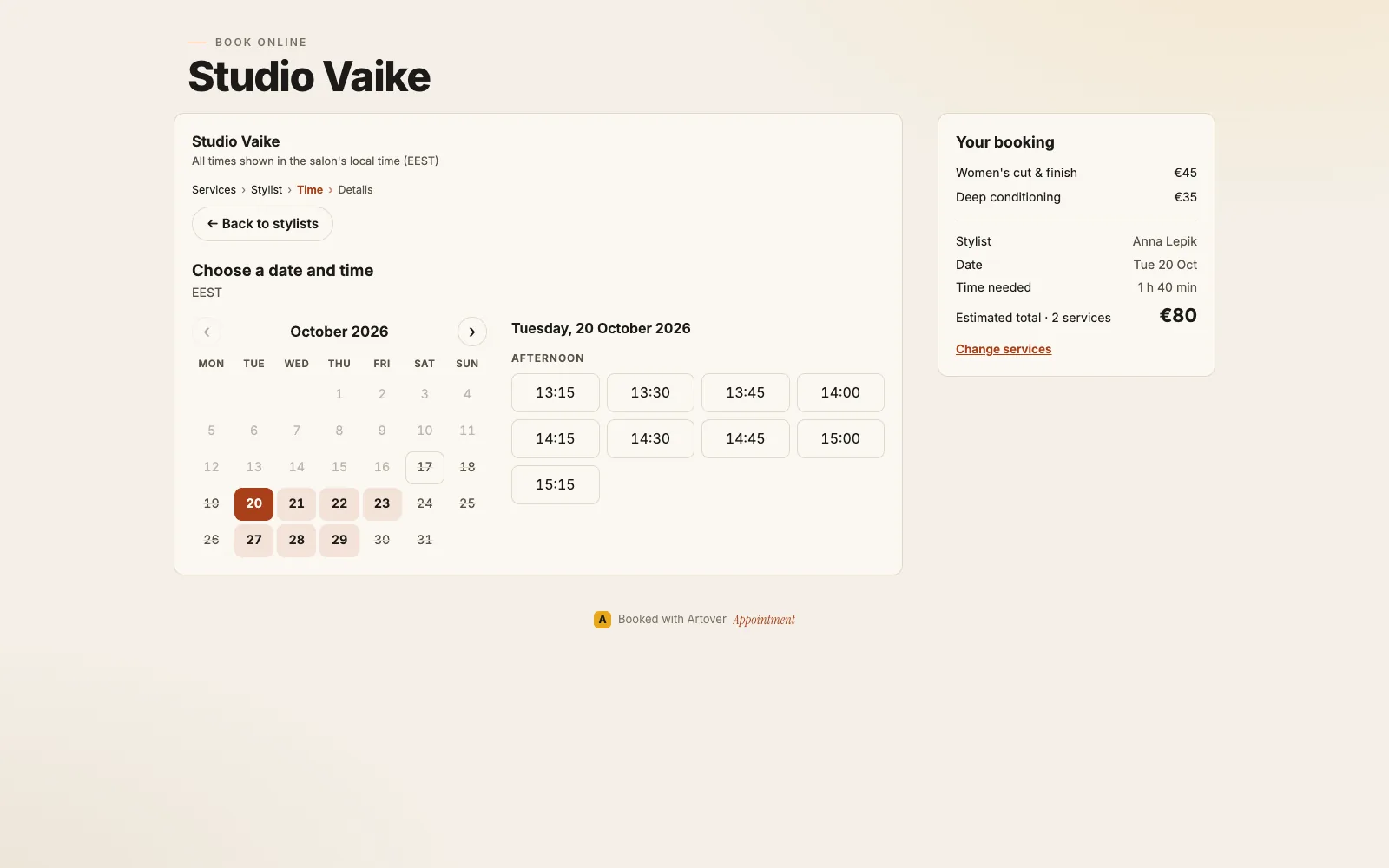 Page de réservation en ligne du salon : calendrier, créneaux et récapitulatif