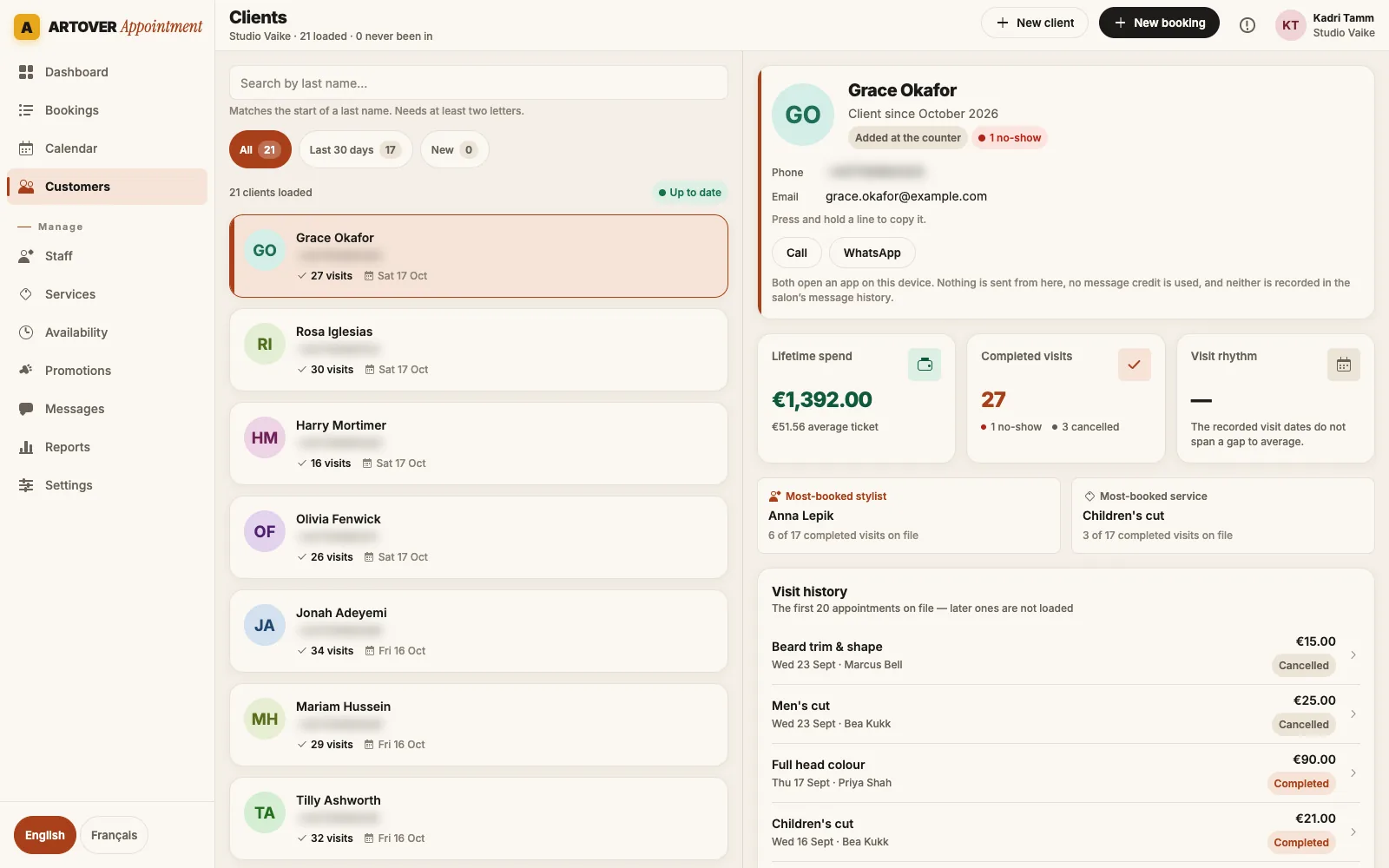 Fiche client Artover Appointment avec dépenses, visites et historique