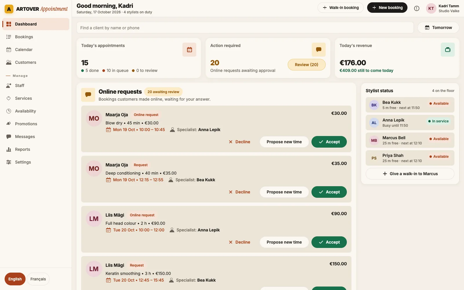 Tableau de bord Artover Appointment : rendez-vous du jour, chiffre d’affaires, demandes en ligne et disponibilité des coiffeurs