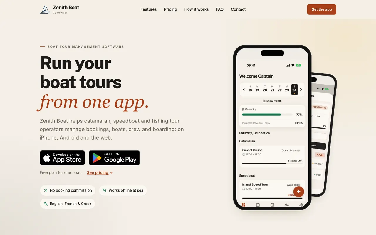 Home page of the boat tour booking app website, built by Artover