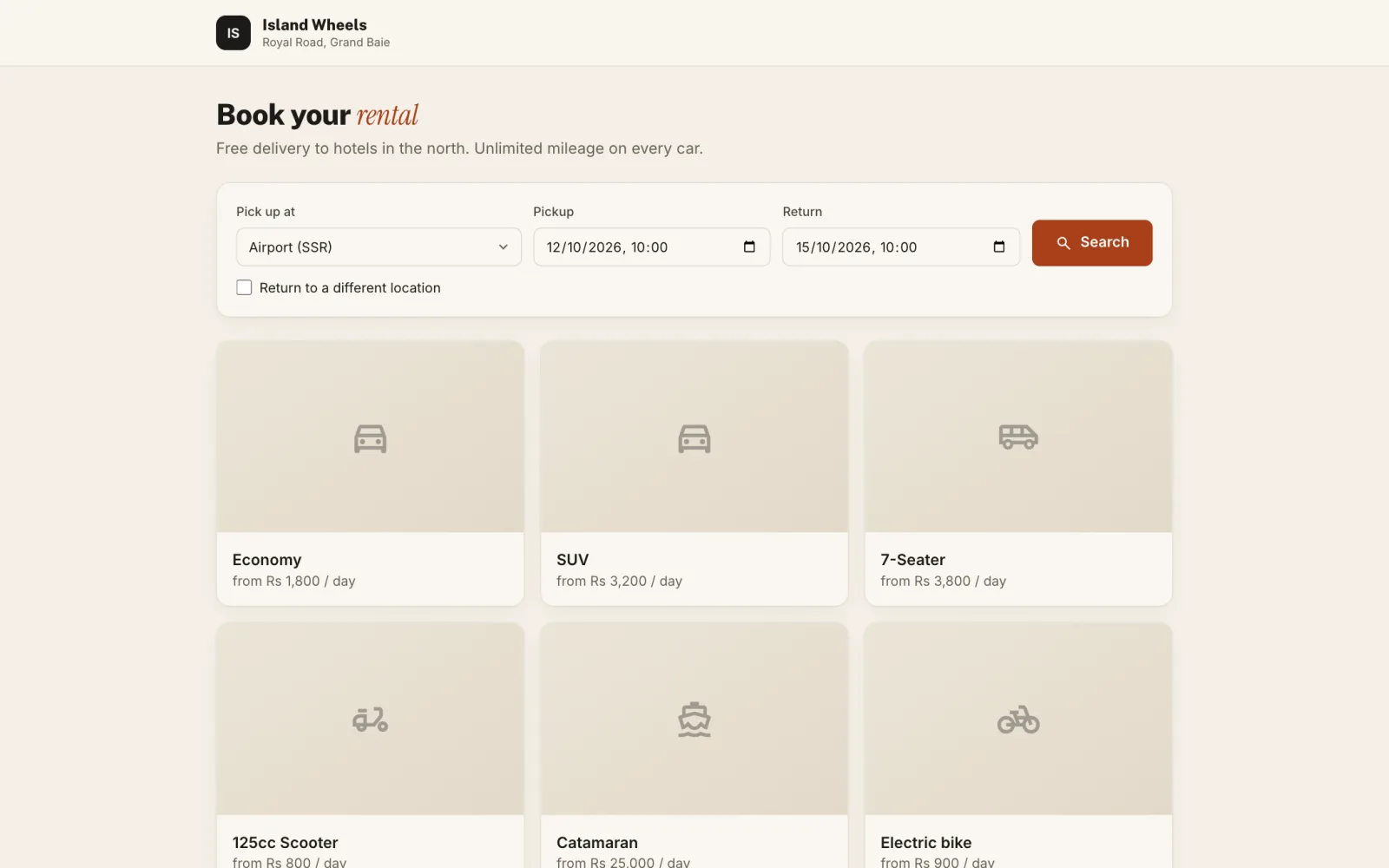 Public online booking page of a rental company created with Artover RentPro, with cars, scooters and boats