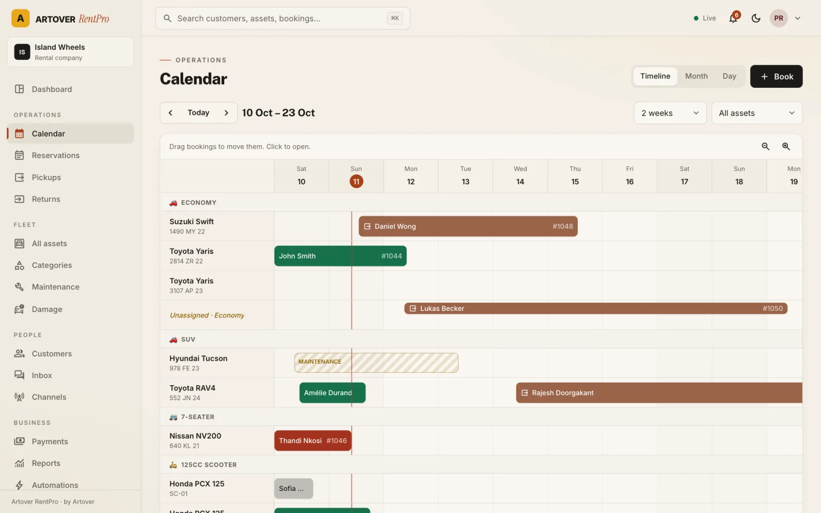 Artover RentPro booking calendar with a timeline of rental vehicles, bookings and a maintenance block