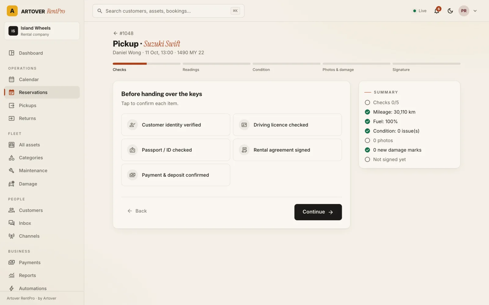 Artover RentPro pickup inspection screen with a checklist before handing over the keys